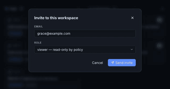 The Invite dialog with an email field and the role select open on viewer