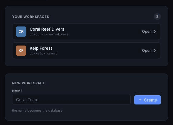 Reef's workspaces screen with a New workspace form